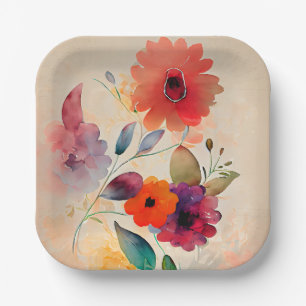 Floral Watercolor Orange Lavender Pink Flowers Paper Plate