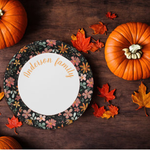 Floral watercolor orange name black paper plate