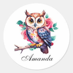 Floral Watercolor Owl and Roses Classic Round Sticker
