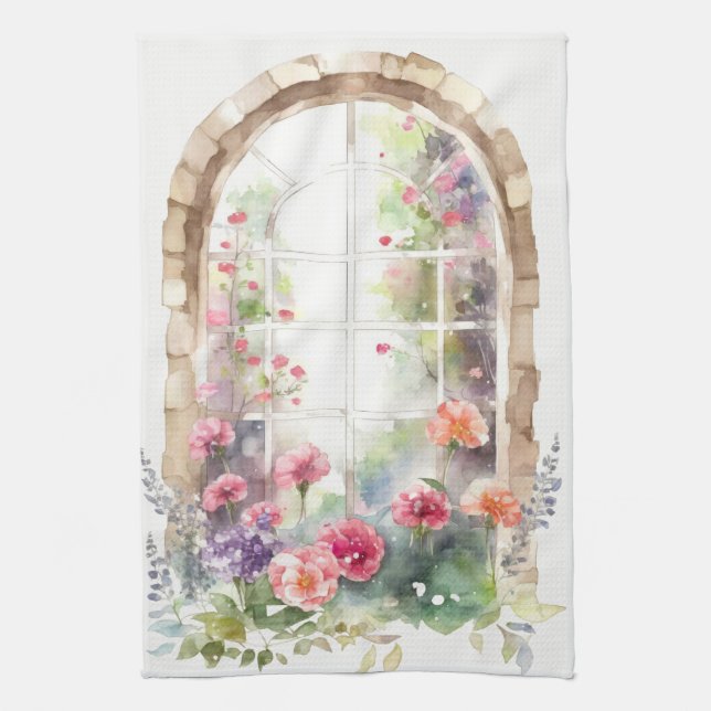 Floral Watercolor Painted Arch Tea Towel (Vertical)
