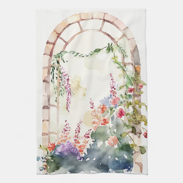 Floral Watercolor Painted Arch Tea Towel (Vertical)