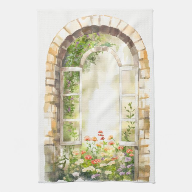 Floral Watercolor Painted Arch Tea Towel (Vertical)