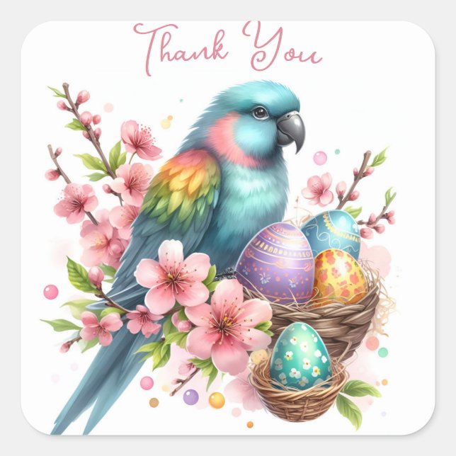Floral Watercolor Parrot and Easter Eggs Square Sticker (Front)