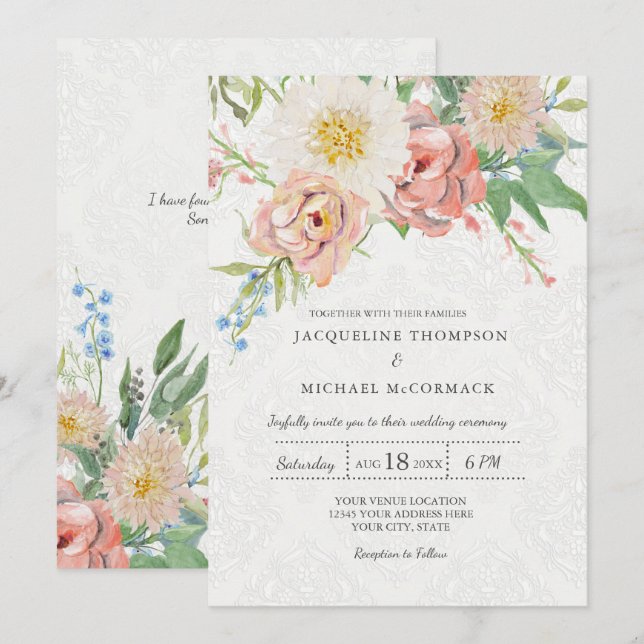 Floral Watercolor Pastel Pink Lace Elegant Flowers Invitation (Front/Back)