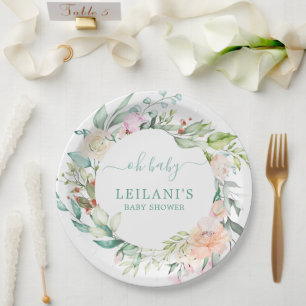 Floral Watercolor Pastel Wreath Oh Baby Paper Plate