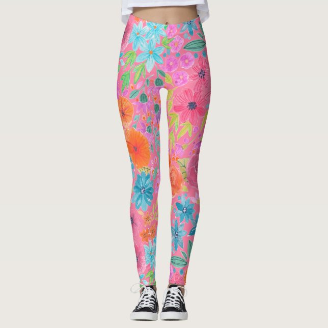 Floral watercolor pattern in pink leggings (Front)