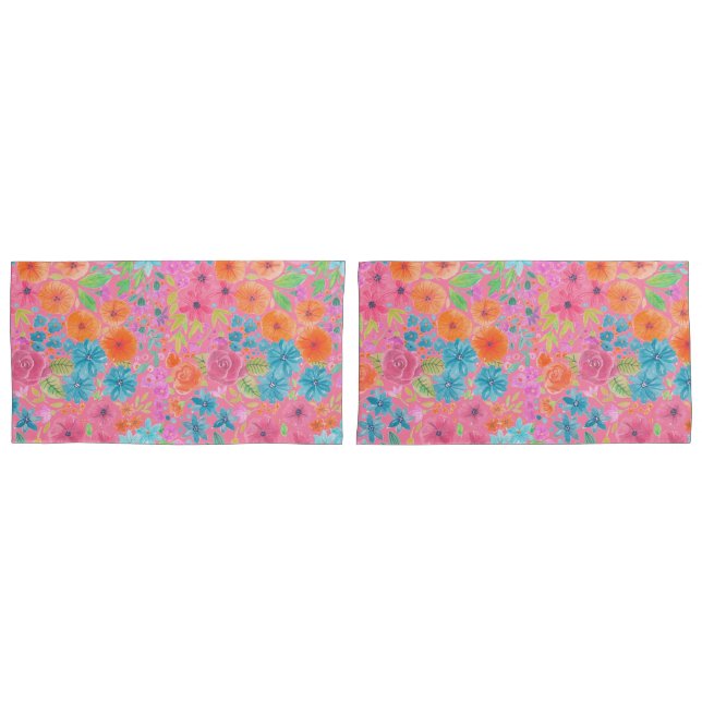 Floral watercolor pattern in pink pillowcase (Front-Set)