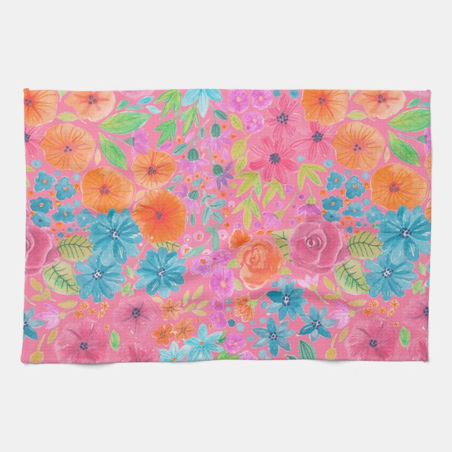 Floral watercolor pattern in pink tea towel (Horizontal)