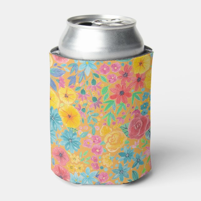 Floral watercolor pattern in yellow can cooler (Can Front)
