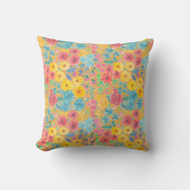 Floral watercolor pattern in yellow cushion (Front)