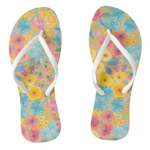 Floral watercolor pattern in yellow flip flops