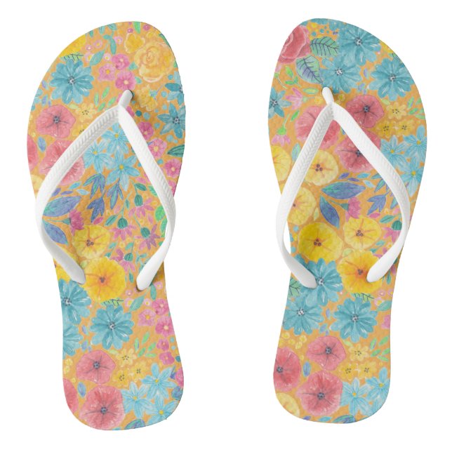 Floral watercolor pattern in yellow flip flops (Footbed)
