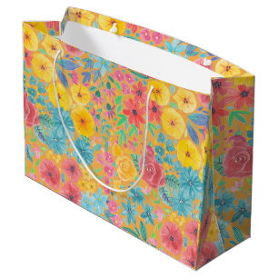 Floral watercolor pattern in yellow large gift bag