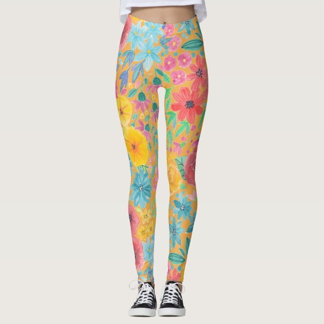 Floral watercolor pattern in yellow leggings (Front)
