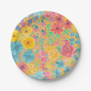 Floral watercolor pattern in yellow paper plate