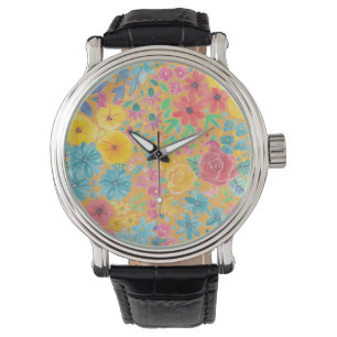 Floral watercolor pattern in yellow watch