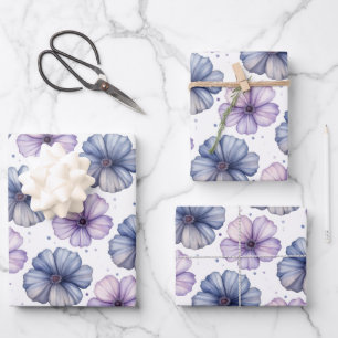Floral Watercolor Pattern Lavender and Blue Wrapping Paper Sheet