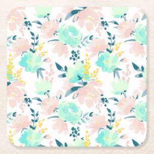 Floral Watercolor Pattern Square Paper Coaster