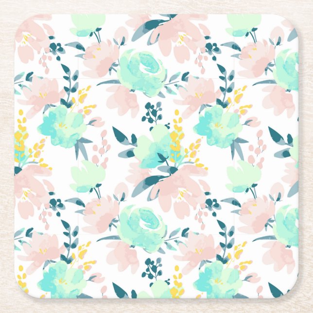 Floral Watercolor Pattern Square Paper Coaster (Front)