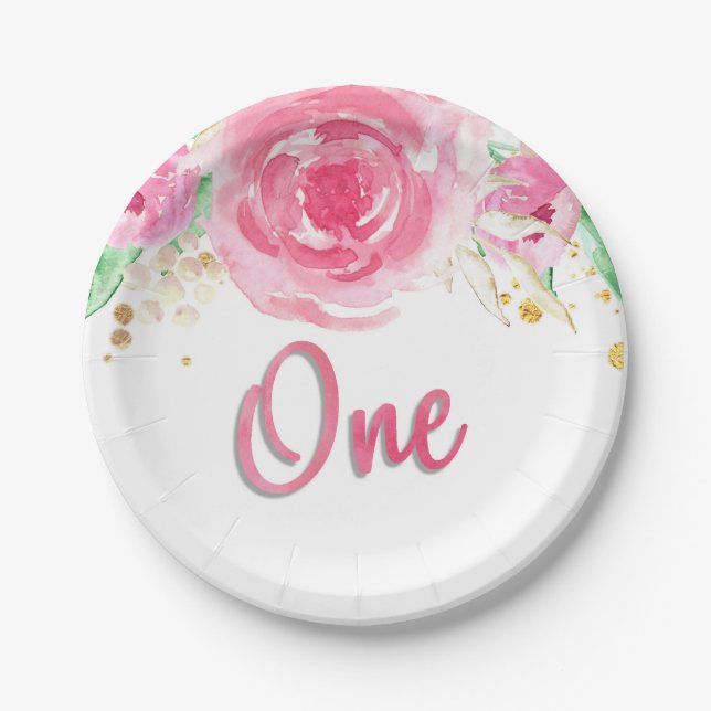 Floral Watercolor Peonies One First Birthday Paper Plate (Front)