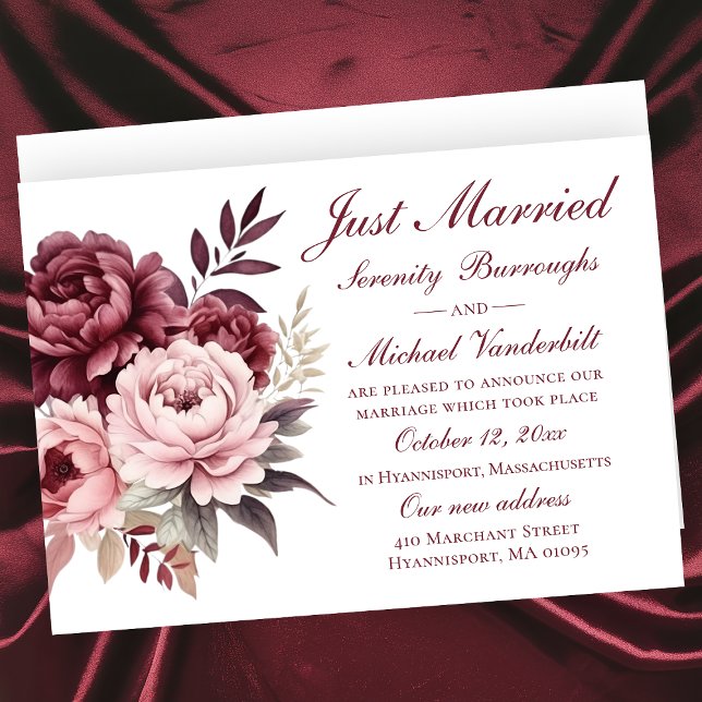 Floral Watercolor Peony Just Married Wedding Announcement (Creator Uploaded)