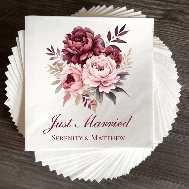 Floral  Watercolor Peony Just Married Wedding Napkin (Creator Uploaded)