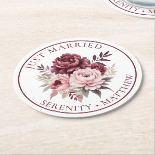 Floral Watercolor Peony Just Married Wedding Round Paper Coaster