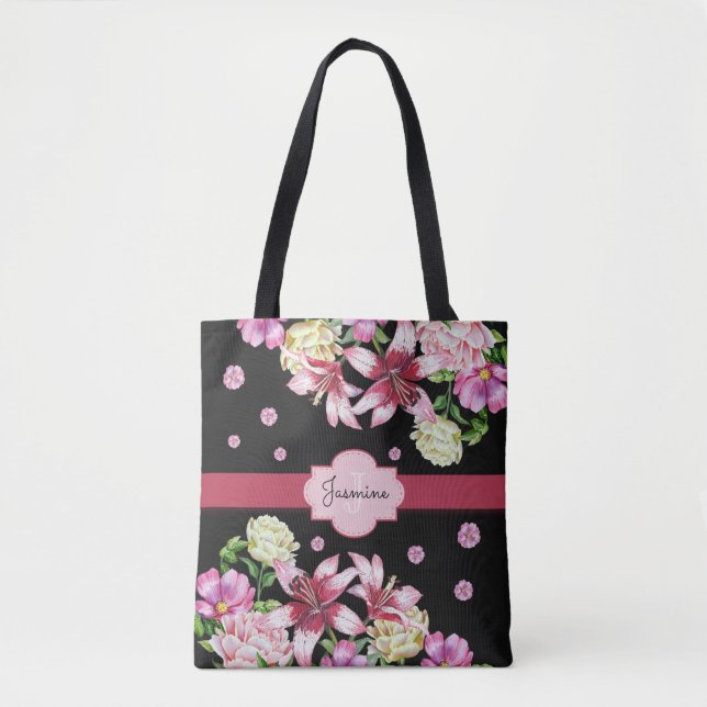 Floral Watercolor Peony Lily Personalised Black Tote Bag (Front)