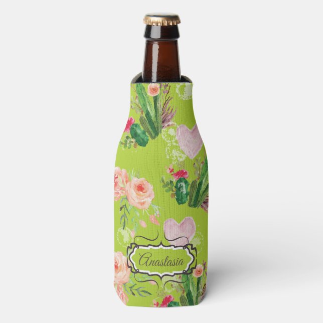 Floral watercolor Personalised Cactus Bottle Cooler (Bottle Front)