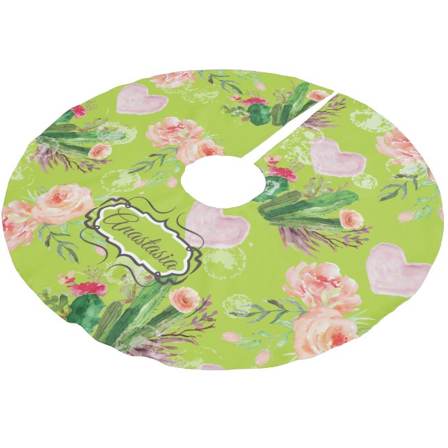 Floral watercolor Personalised Cactus Brushed Polyester Tree Skirt (Angled)