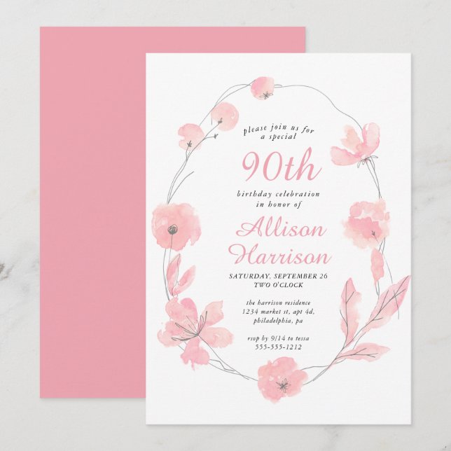 Floral Watercolor Pink 90th Birthday Party Invitation (Front/Back)