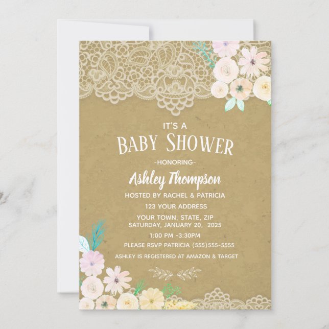 Floral Watercolor Pink and Lace Baby Shower    Invitation (Front)