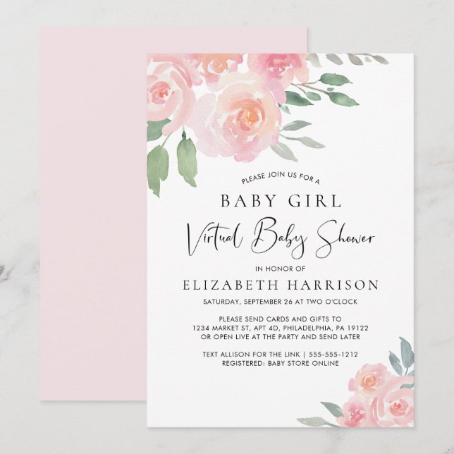 Floral Watercolor Pink Baby Girl Virtual Shower Invitation (Front/Back)
