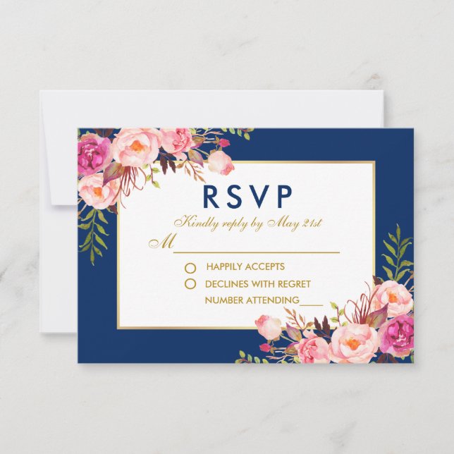 Floral Watercolor Pink Blue Gold RSVP Wedding (Front)