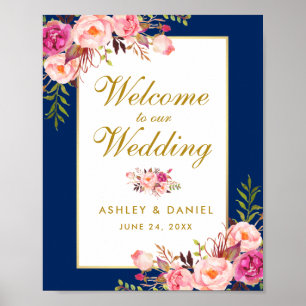Floral Watercolor Pink Blue Gold Wedding Welcome Poster