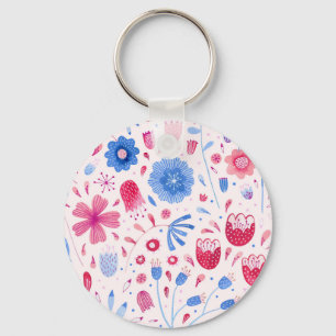 Floral Watercolor Pink Blue Key Ring