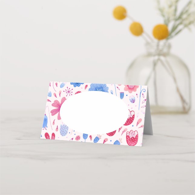 Floral Watercolor Pink Blue Place Card (Front)