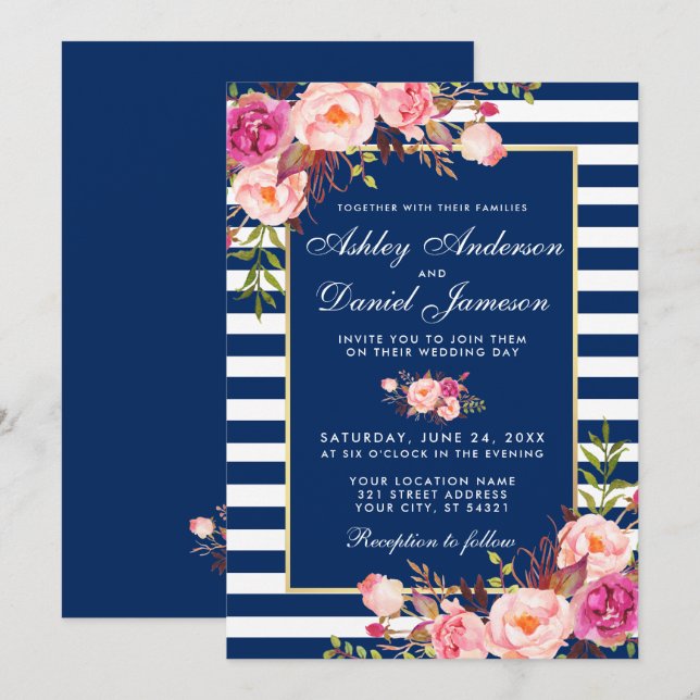 Floral Watercolor Pink Blue Stripes Wedding Invitation (Front/Back)