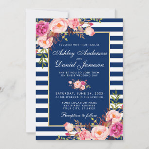 Floral Watercolor Pink Blue Stripes Wedding WS Invitation