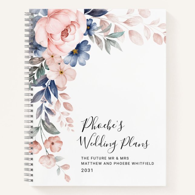 Floral Watercolor Pink Blue Wedding Plan Notebook (Front)