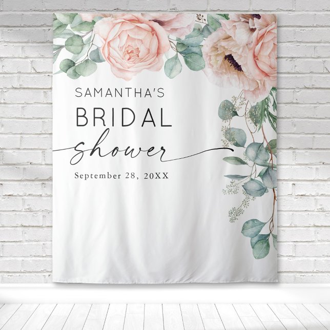Floral Watercolor Pink Bridal Shower Tapestry (Pink peony floral botanical cascading watercolor design on this bridal shower tapestry backdrop.)