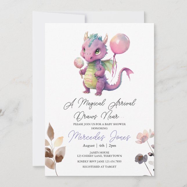 Floral Watercolor Pink Dragon Baby Shower  Invitation (Front)