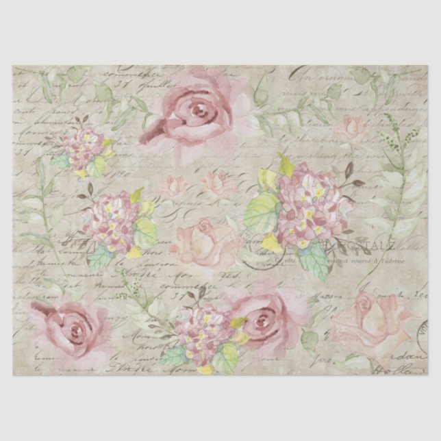 Floral Watercolor Pink Flowers Ephemera Decoupage Tissue Paper (Front)