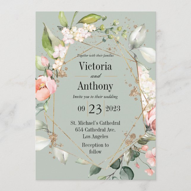 Floral Watercolor Pink Green Gold Modern Wedding Invitation (Front)
