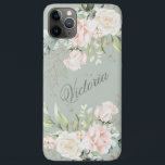 Floral Watercolor Pink Green Gold Personalise iPhone 11 Pro Max Case<br><div class="desc">Elegant gold leaves with pink blush watercolor flowers on a sage green background.  Add your name to make this phone case beautiful.  This phone case is perfect for you. So chic and sophisticated. Zazzle guarantees 100% customer service and satisfaction.</div>