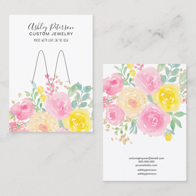 Floral watercolor pink jewellery ring display business card (Front/Back)