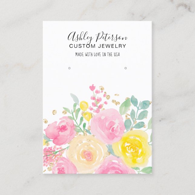 Floral watercolor pink jewelry earring display business card (Front)