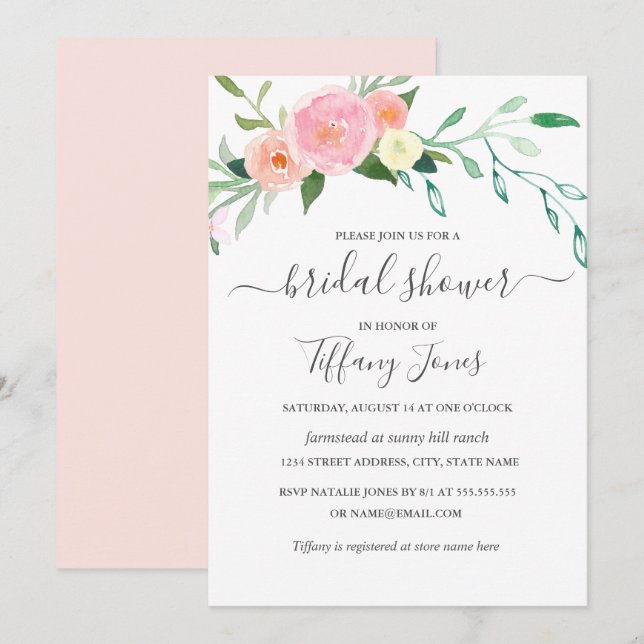 Floral Watercolor Pink Peach Modern Bridal Shower Invitation (Front/Back)