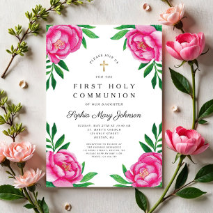 Floral Watercolor Pink Peonies First Communion Invitation