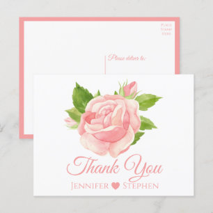 Floral Watercolor Pink Rose Wedding Thank You Postcard